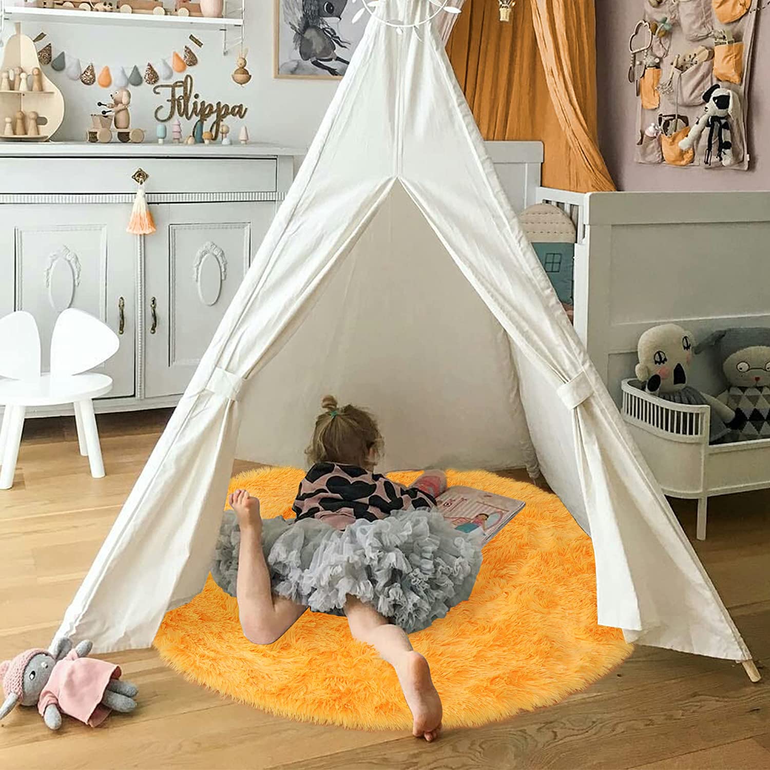 Soft Orange Round Rug Circle R - Kids Outdoor Teepee 评论和价格